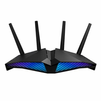 Black gaming router with blue LED lights and four antennas.