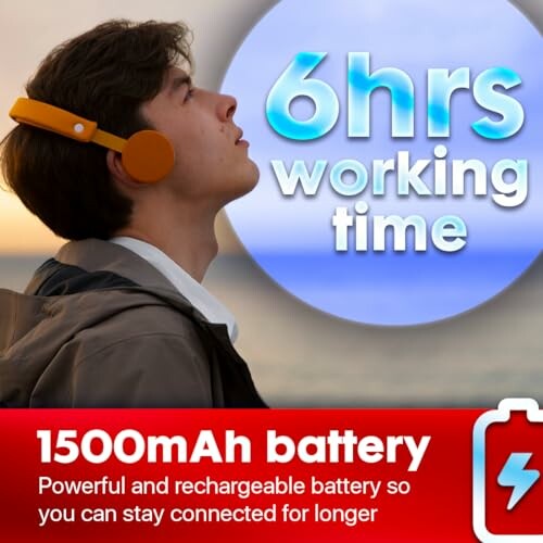 Person wearing headphones with 6 hours working time and 1500mAh battery.