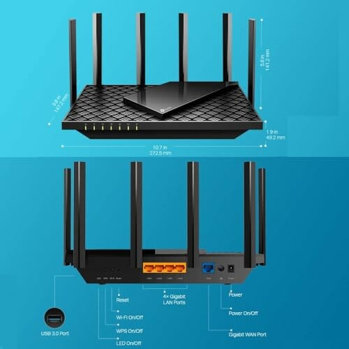 Dual-band WiFi router with multiple antennas and ports, including USB and Ethernet connections.