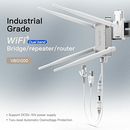 Industrial grade WiFi dual band bridge repeater router with antennas and cables.