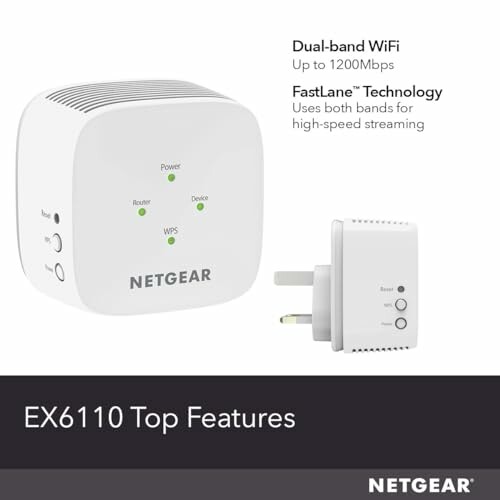 NETGEAR EX6110 WiFi extender with dual-band and FastLane technology.