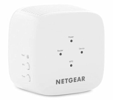 Netgear WiFi range extender with buttons and indicator lights.