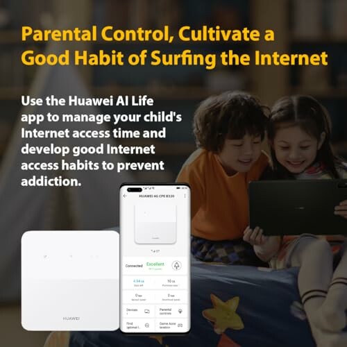 Children using a tablet with Huawei parental control app display.