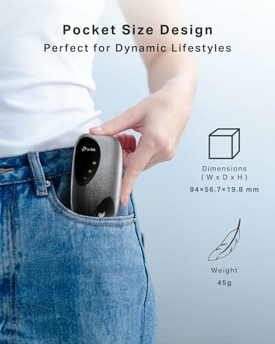 Hand placing portable device in jeans pocket with dimensions and weight details.