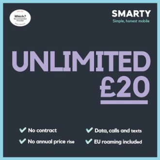 SMARTY mobile plan ad offering unlimited data for £20.