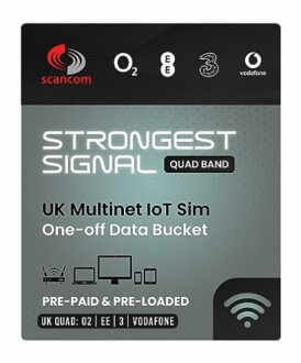 Strongest Signal quad band UK multinet IoT SIM card packaging.