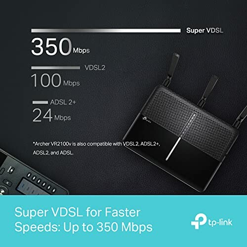 TP-Link VDSL router with speed comparison chart.