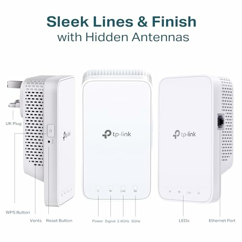 TP-Link WiFi extender with sleek lines and hidden antennas, showing UK plug, vents, buttons, and ports.