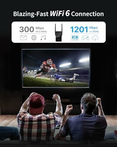 Three people watching sports on TV with WiFi 6 connection speeds displayed.