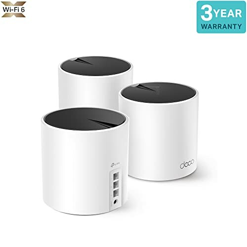 Three white cylindrical Wi-Fi 6 routers with a 3-year warranty label.