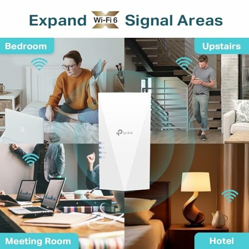 Wi-Fi signal extender with various locations like bedroom, upstairs, meeting room, and hotel.