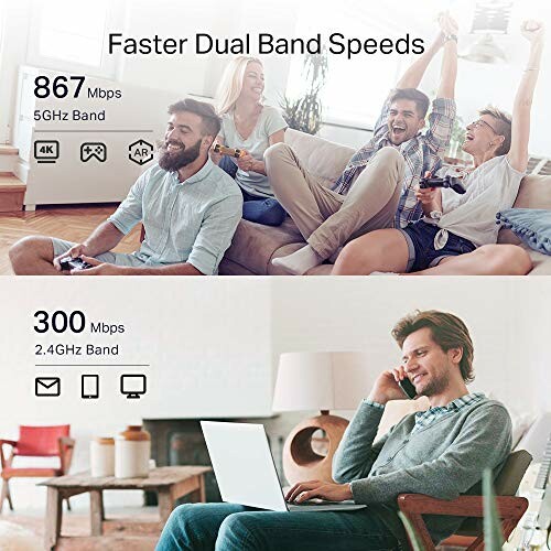 People using devices with faster dual band speeds, showing 867 Mbps on 5GHz band and 300 Mbps on 2.4GHz band.