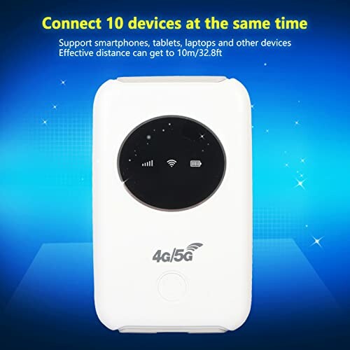 Portable 4G/5G wireless hotspot device with connectivity icons.